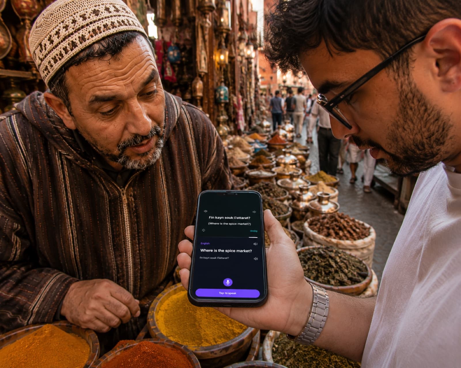 A traveller and a spice vendor in a Marrakech souk, talking through a phone held between them